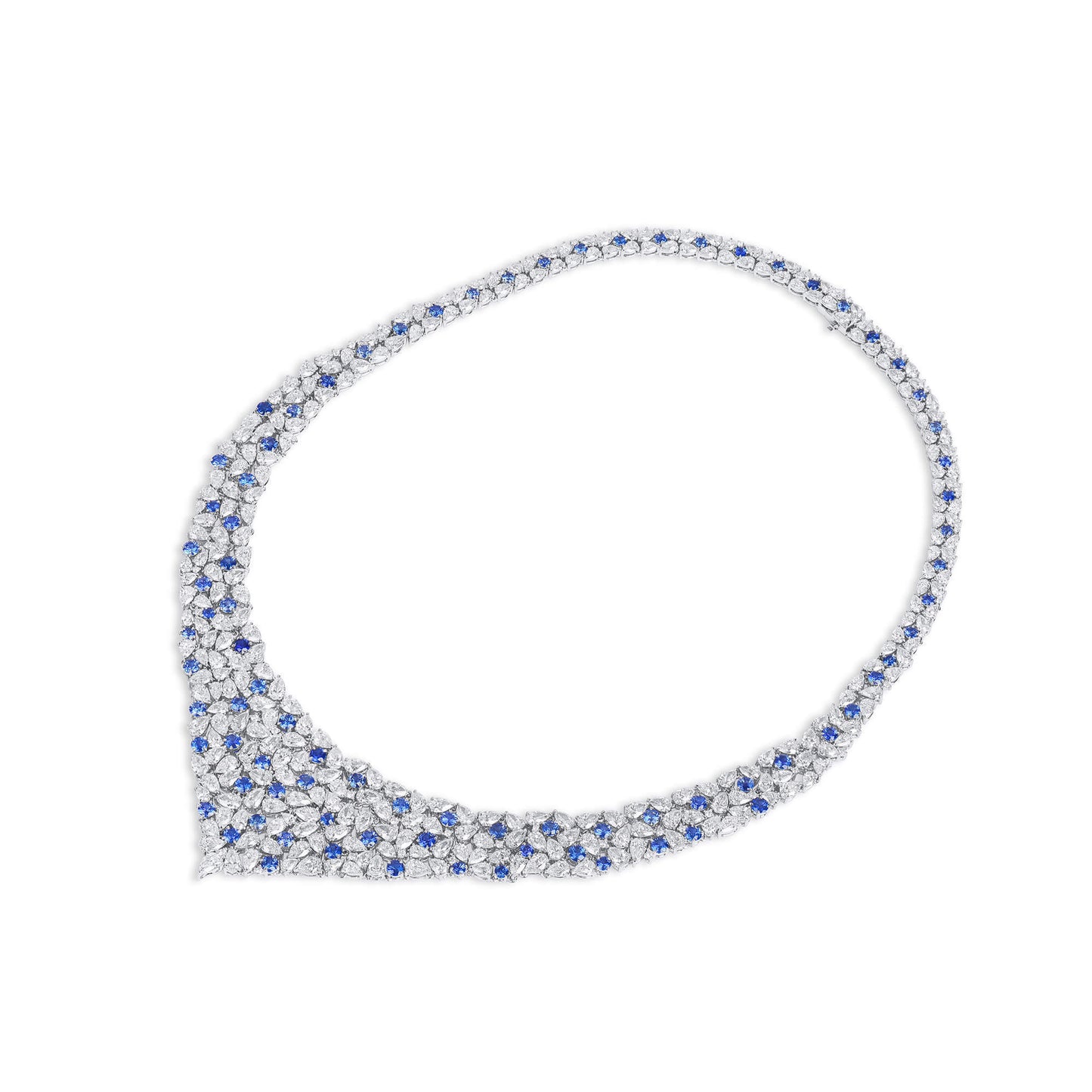 18K White Gold Statement Necklace With 11.70 TCW Round Shape Natural Sapphire, EG_LAB Certified
