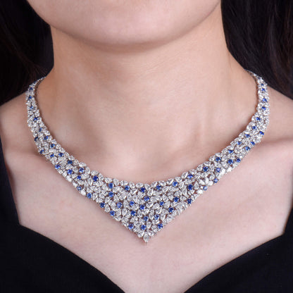 18K White Gold Statement Necklace With 11.70 TCW Round Shape Natural Sapphire, EG_LAB Certified