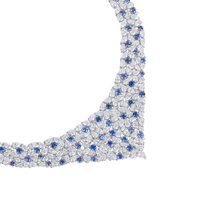 18K White Gold Statement Necklace With 11.70 TCW Round Shape Natural Sapphire, EG_LAB Certified