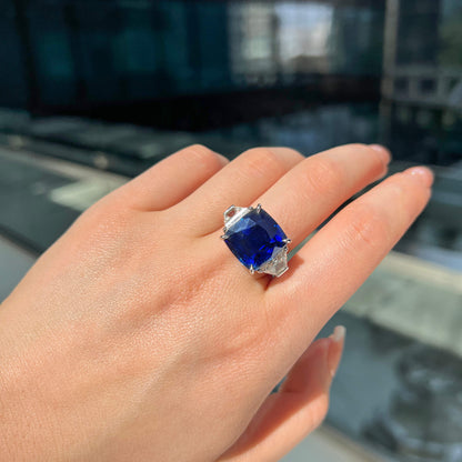18K White Gold Statement Ring With 18.71 TCW Cushion Shape Natural Sapphire, SSEF Certified