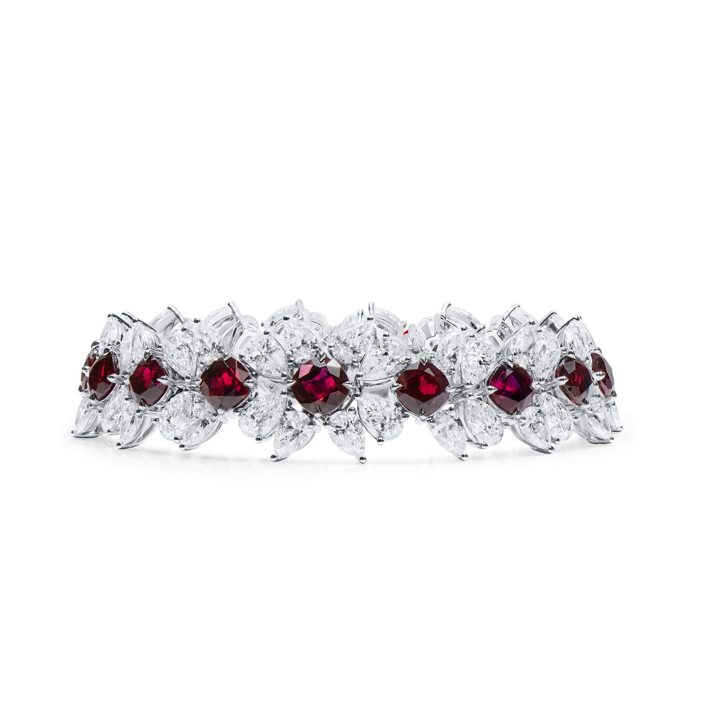 18K White Gold Statement Bracelet With 16.21 TCW Cushion Shape Natural Ruby, GRS Certified