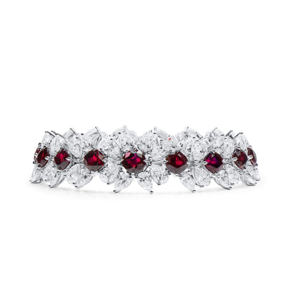 18K White Gold Statement Bracelet With 16.21 TCW Cushion Shape Natural Ruby, GRS Certified