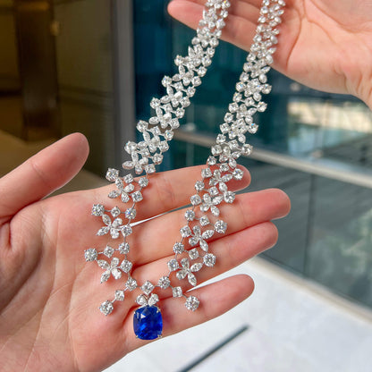 18K White Gold Statement Necklace With 13.04 TCW Cushion Shape Natural Sapphire, GRS Certified