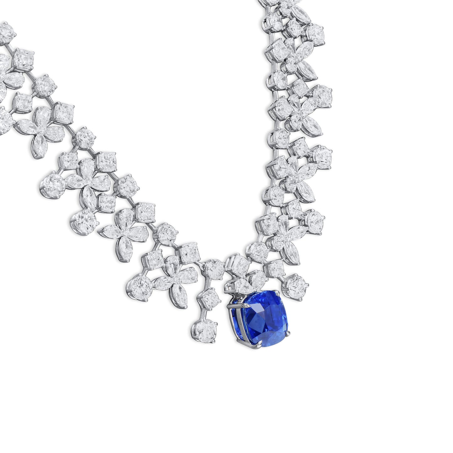 18K White Gold Statement Necklace With 13.04 TCW Cushion Shape Natural Sapphire, GRS Certified