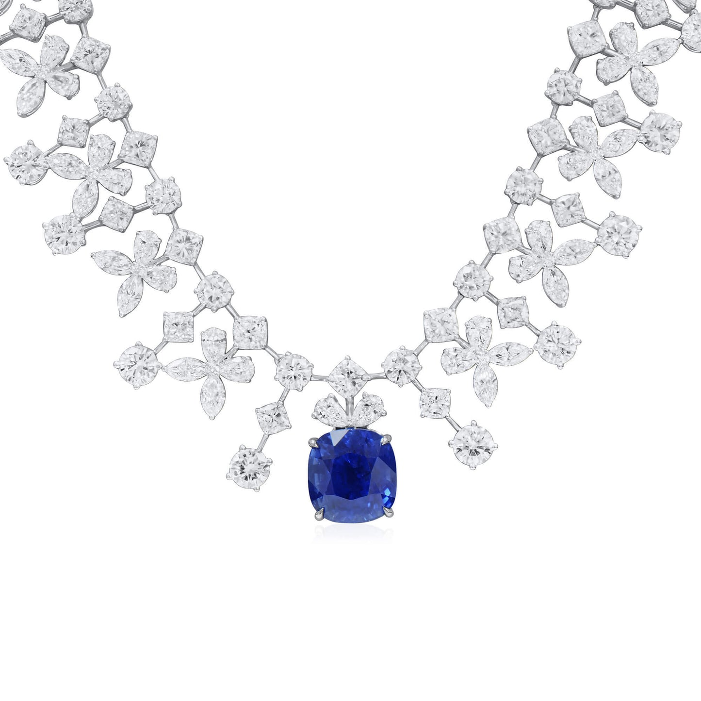 18K White Gold Statement Necklace With 13.04 TCW Cushion Shape Natural Sapphire, GRS Certified