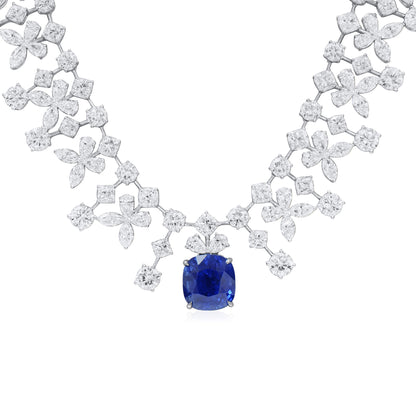 18K White Gold Statement Necklace With 13.04 TCW Cushion Shape Natural Sapphire, GRS Certified