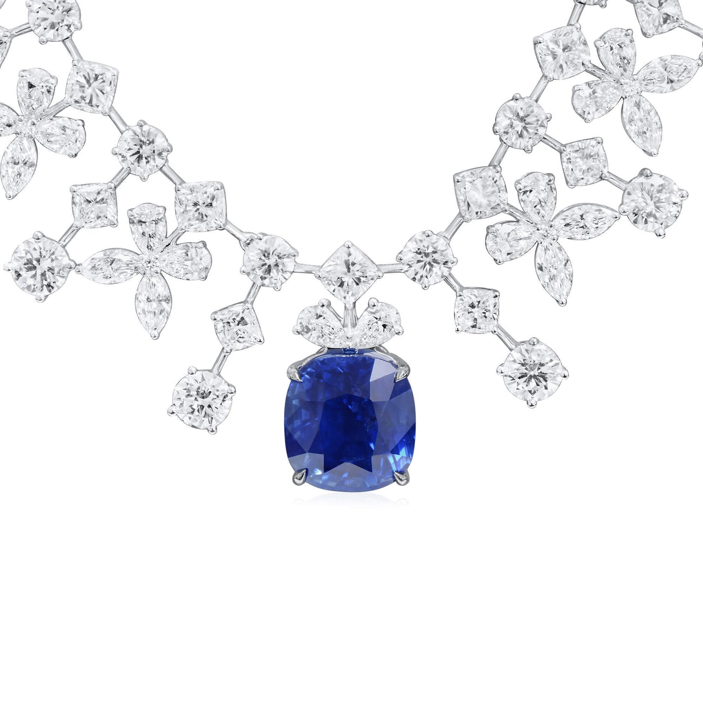 18K White Gold Statement Necklace With 13.04 TCW Cushion Shape Natural Sapphire, GRS Certified