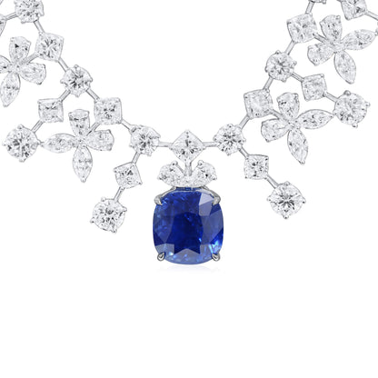 18K White Gold Statement Necklace With 13.04 TCW Cushion Shape Natural Sapphire, GRS Certified