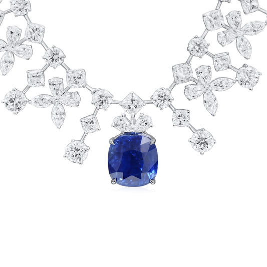 18K White Gold Statement Necklace With 13.04 TCW Cushion Shape Natural Sapphire, GRS Certified