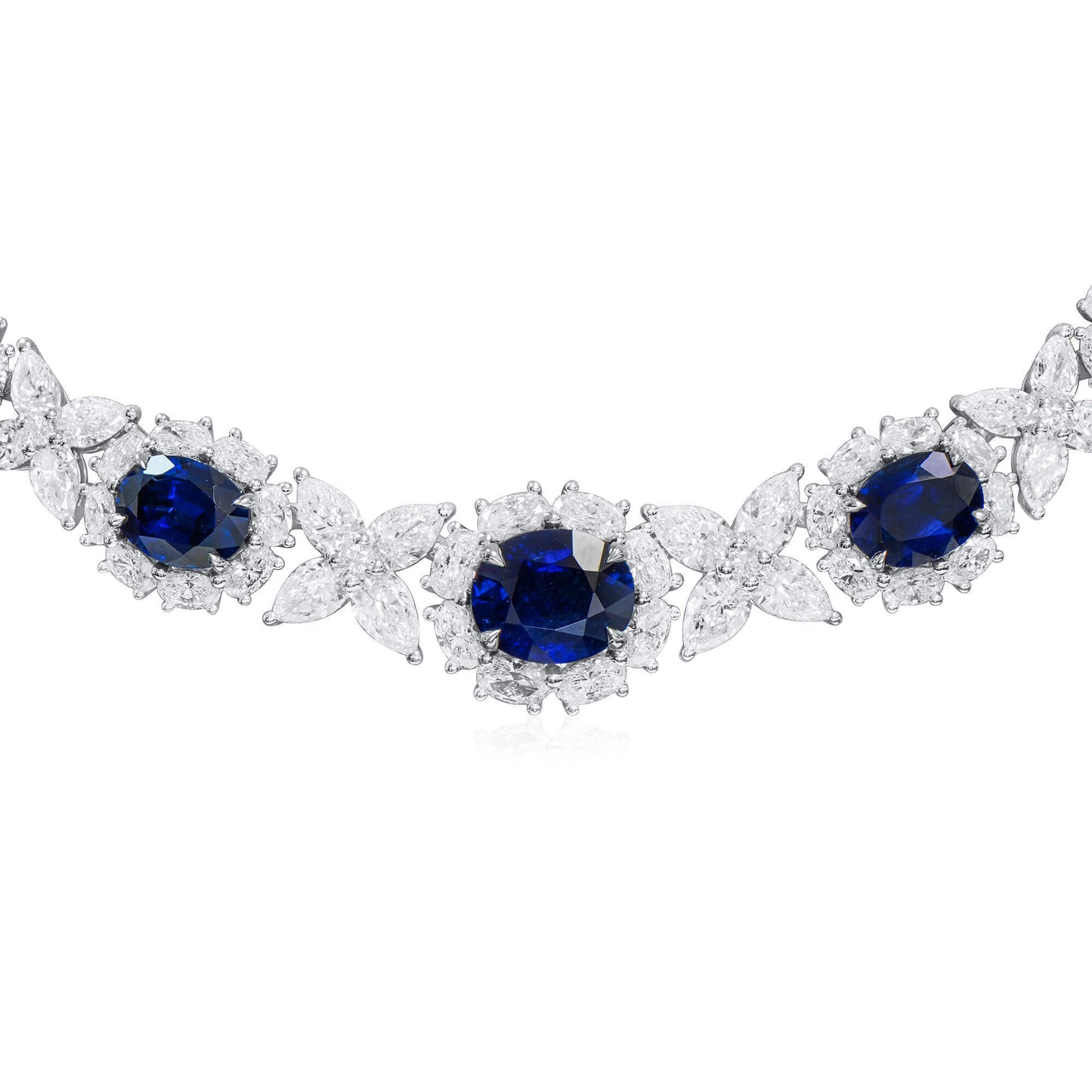 18K White Gold Statement Necklace With 21.37 TCW Oval Shape Natural Sapphire, GRS Certified