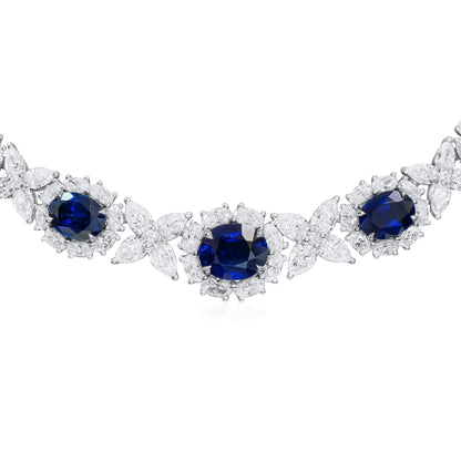 18K White Gold Statement Necklace With 21.37 TCW Oval Shape Natural Sapphire, GRS Certified