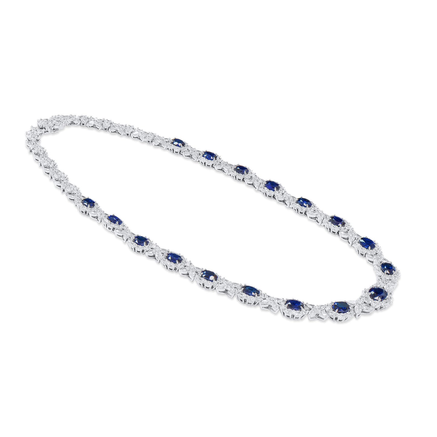 18K White Gold Statement Necklace With 21.37 TCW Oval Shape Natural Sapphire, GRS Certified
