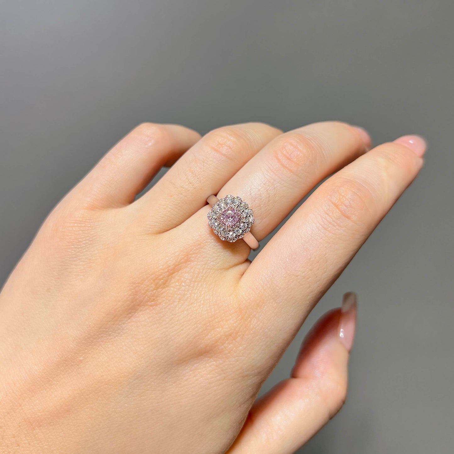 18K White & Rose Gold Statement Ring With 0.50 TCW Pink Cushion Shape Natural Diamond, GIA Certified