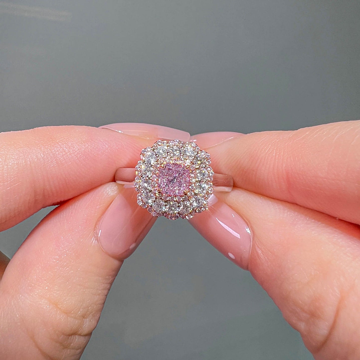 18K White & Rose Gold Statement Ring With 0.50 TCW Pink Cushion Shape Natural Diamond, GIA Certified