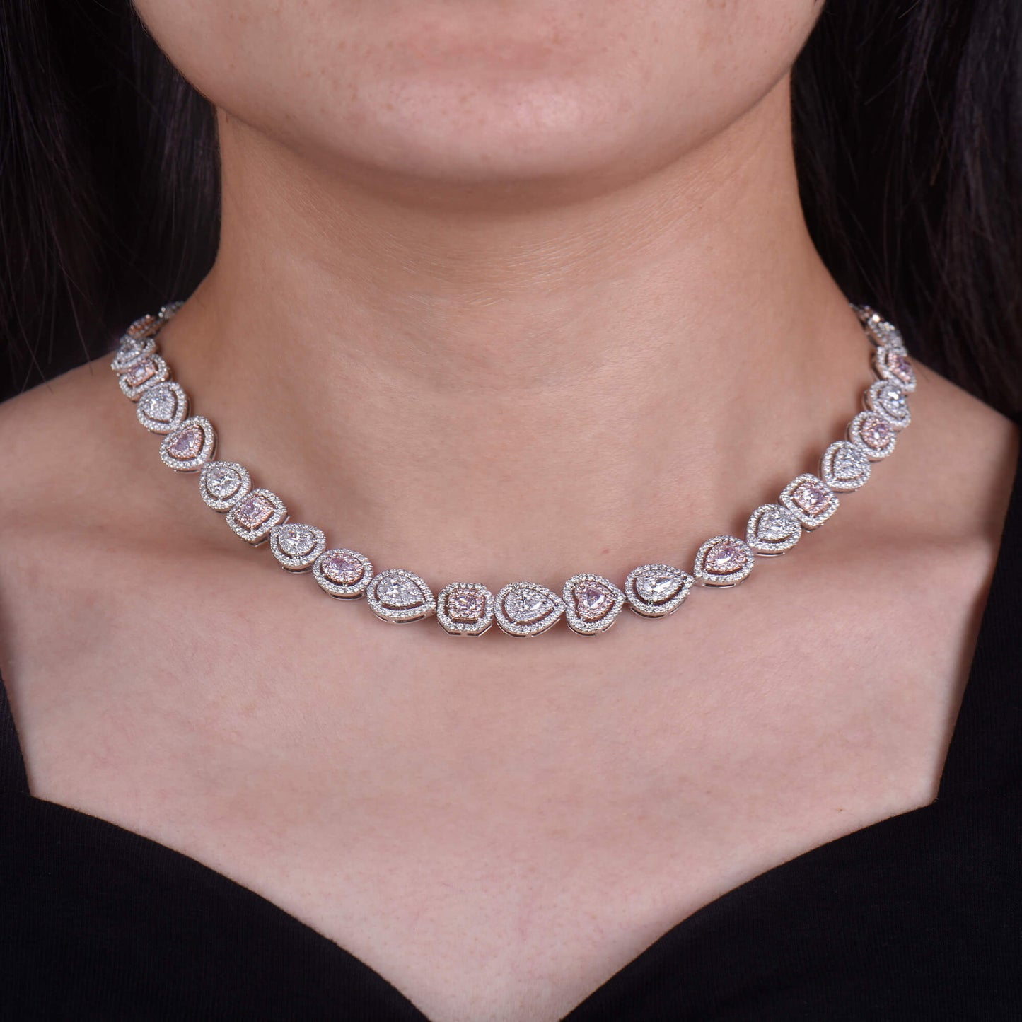 18K White Gold Statement Necklace With 4.60 TCW Pink Mix Shape Natural Diamond, GIA Certified