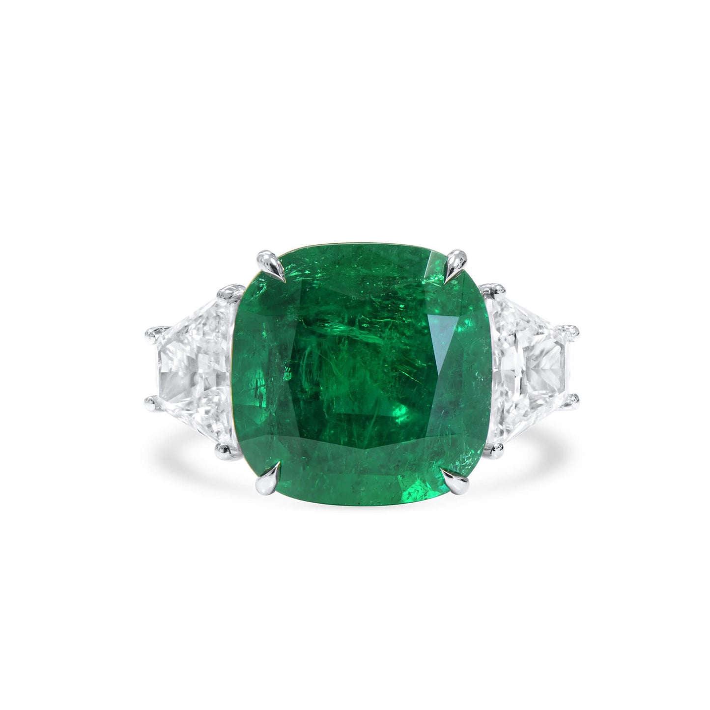 18K White Gold Statement Ring With 7.03 TCW Cushion Shape Natural Emerald, GRS Certified