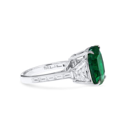 18K White Gold Statement Ring With 7.03 TCW Cushion Shape Natural Emerald, GRS Certified