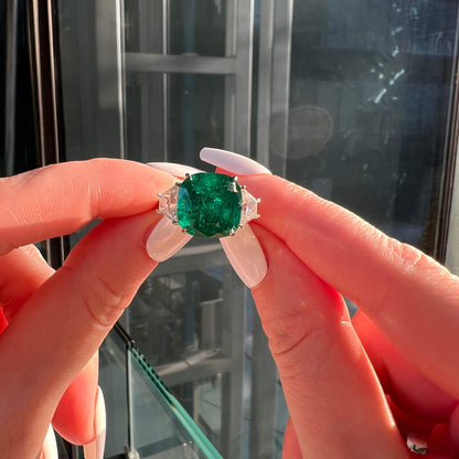 18K White Gold Statement Ring With 7.03 TCW Cushion Shape Natural Emerald, GRS Certified