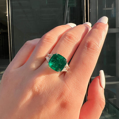 18K White Gold Statement Ring With 7.03 TCW Cushion Shape Natural Emerald, GRS Certified