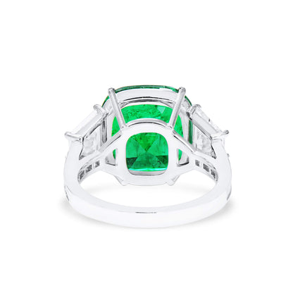18K White Gold Statement Ring With 7.03 TCW Cushion Shape Natural Emerald, GRS Certified