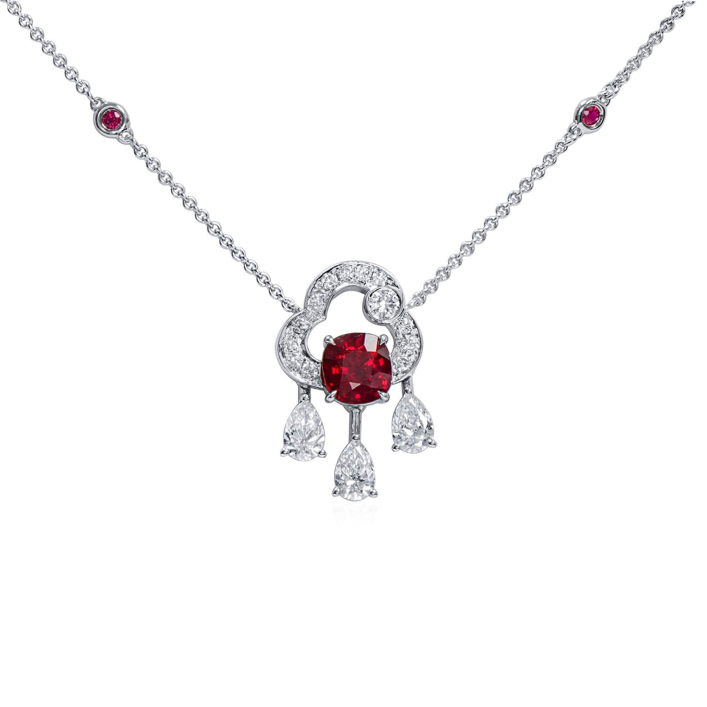 18K White Gold Statement Pendant With 1.65 TCW Cushion Shape Natural Ruby, GRS Certified