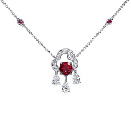 18K White Gold Statement Pendant With 1.65 TCW Cushion Shape Natural Ruby, GRS Certified