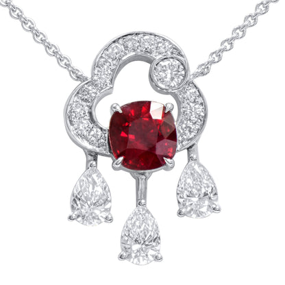 18K White Gold Statement Pendant With 1.65 TCW Cushion Shape Natural Ruby, GRS Certified