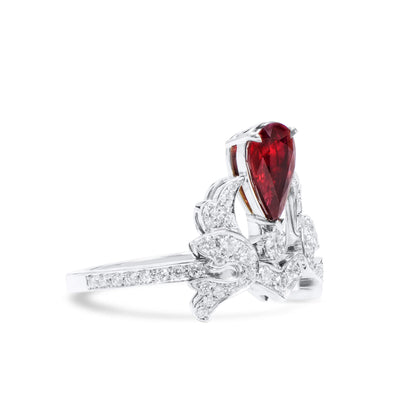18K White Gold Statement Ring With 1.61 TCW Pear Shape Natural Ruby, GRS Certified