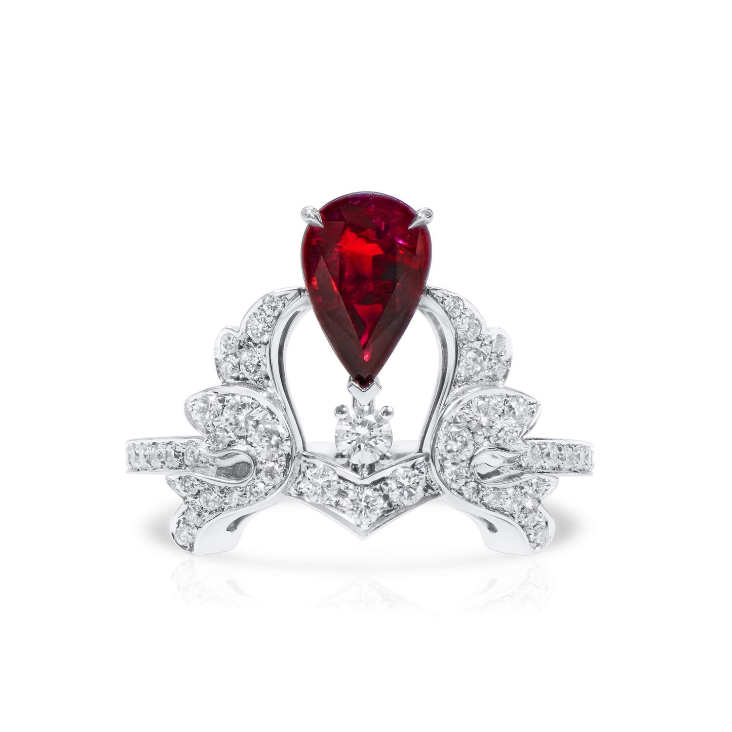 18K White Gold Statement Ring With 1.61 TCW Pear Shape Natural Ruby, GRS Certified
