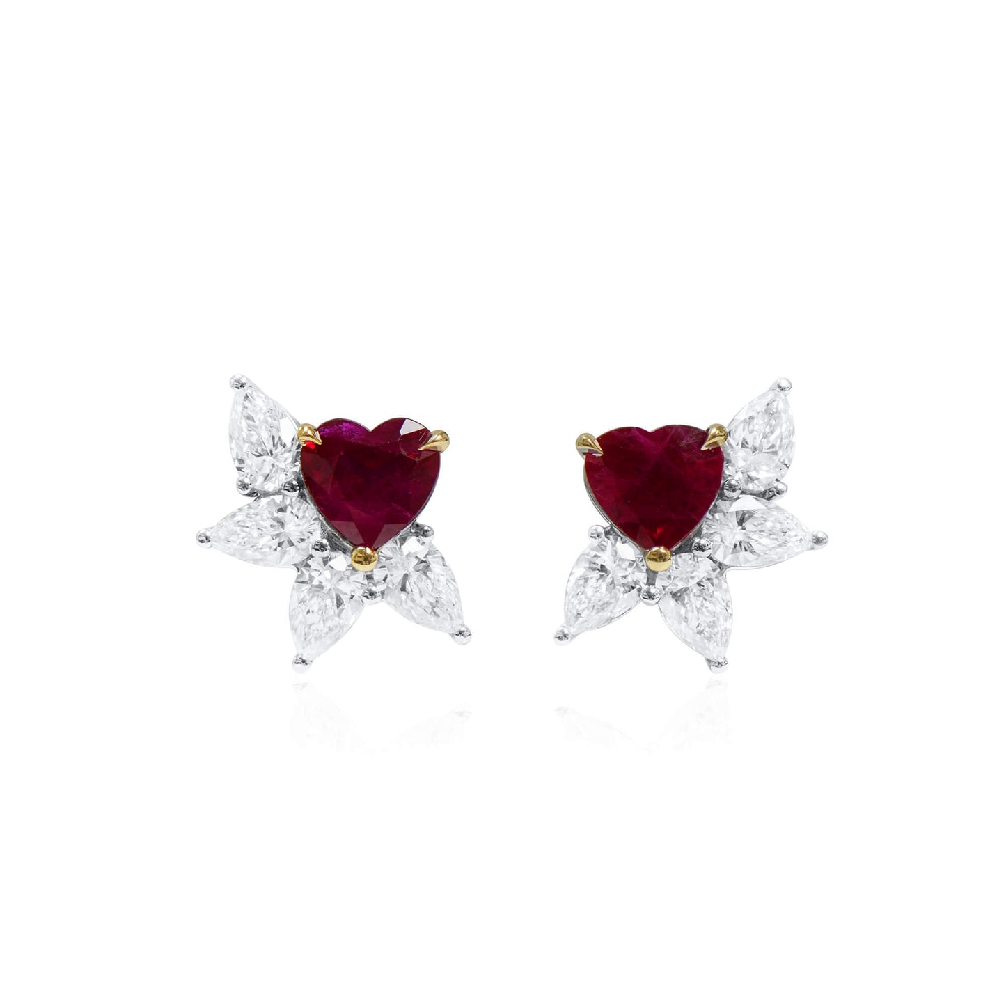 18K White & Yellow Gold Statement Earrings With 1.13 TCW Heart Shape Natural Ruby, GRS Certified