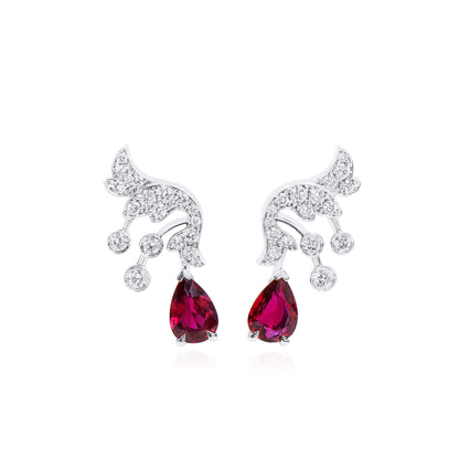 18K White Gold Statement Earrings With 1.36 TCW Pear Shape Natural Ruby, GRS Certified