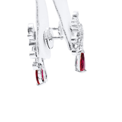 18K White Gold Statement Earrings With 1.36 TCW Pear Shape Natural Ruby, GRS Certified