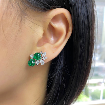 No Metal Statement Earrings With 4.20 TCW Round Shape Natural Emerald, GRS Certified