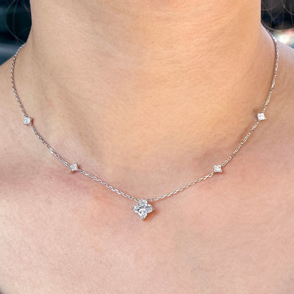 18K White Gold Statement Necklace With 1.84 TCW Princess Shape Natural Diamond, GIA Certified