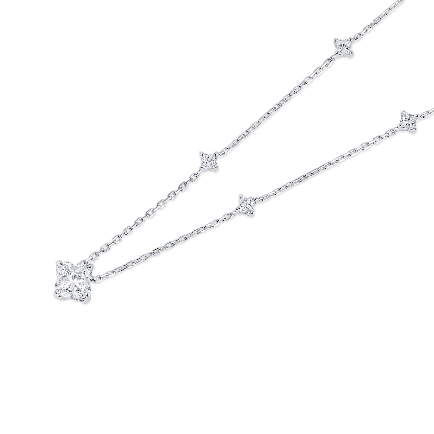 18K White Gold Statement Necklace With 1.84 TCW Princess Shape Natural Diamond, GIA Certified