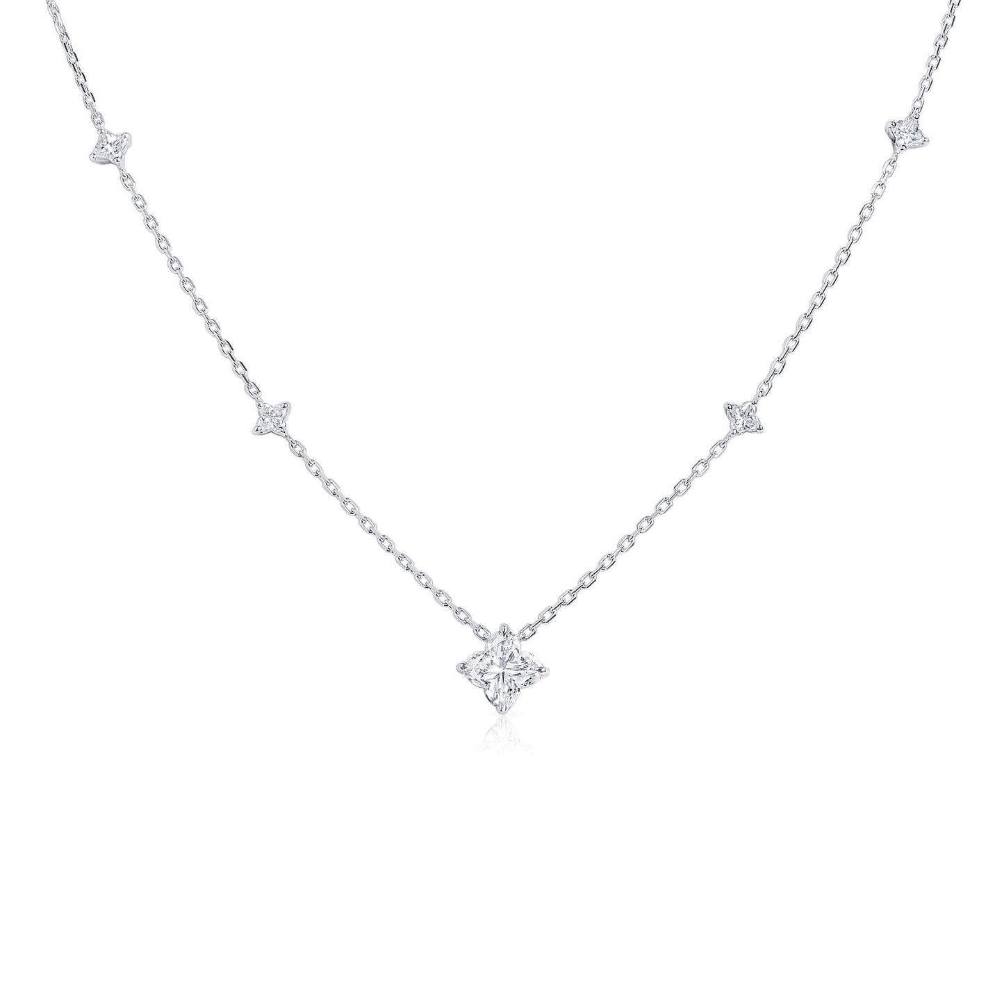 18K White Gold Statement Necklace With 1.84 TCW Princess Shape Natural Diamond, GIA Certified