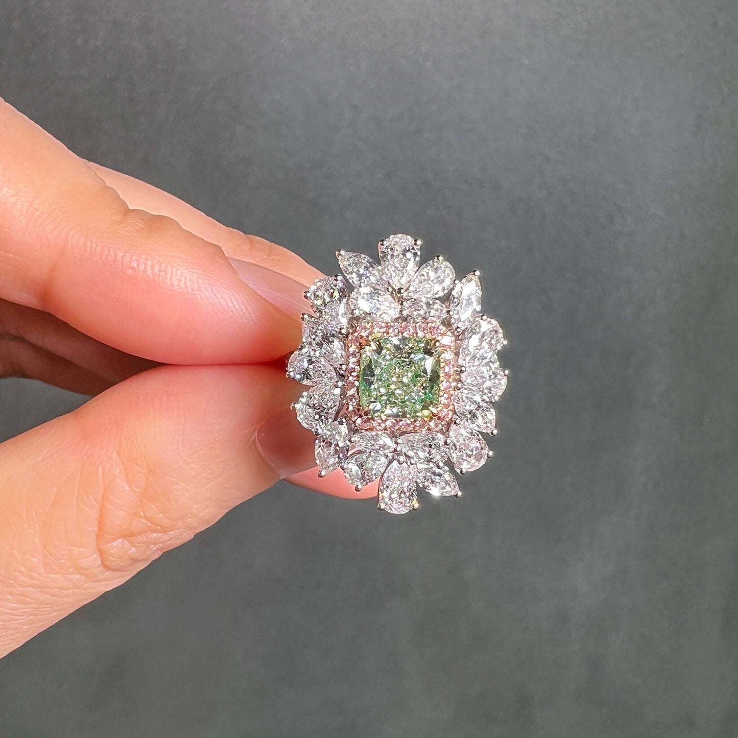 18K White Gold Statement Ring With 1.51 TCW Green Radiant Shape Natural Diamond, GIA Certified