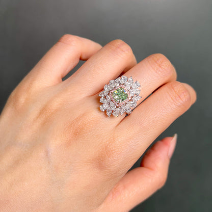 18K White Gold Statement Ring With 1.51 TCW Green Radiant Shape Natural Diamond, GIA Certified