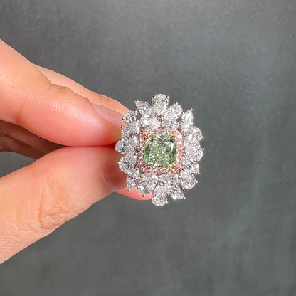 18K White Gold Statement Ring With 1.51 TCW Green Radiant Shape Natural Diamond, GIA Certified