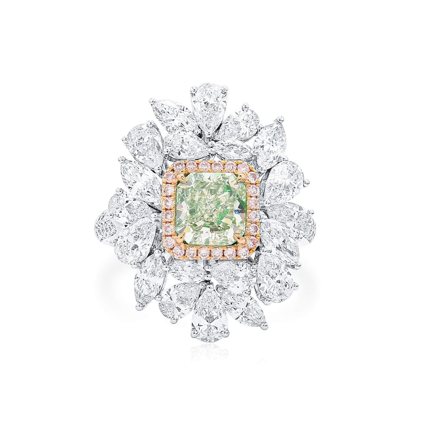 18K White Gold Statement Ring With 1.51 TCW Green Radiant Shape Natural Diamond, GIA Certified