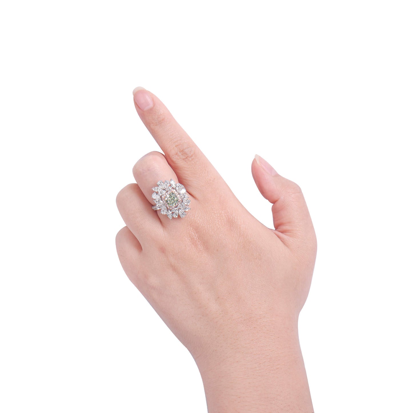 18K White Gold Statement Ring With 1.51 TCW Green Radiant Shape Natural Diamond, GIA Certified