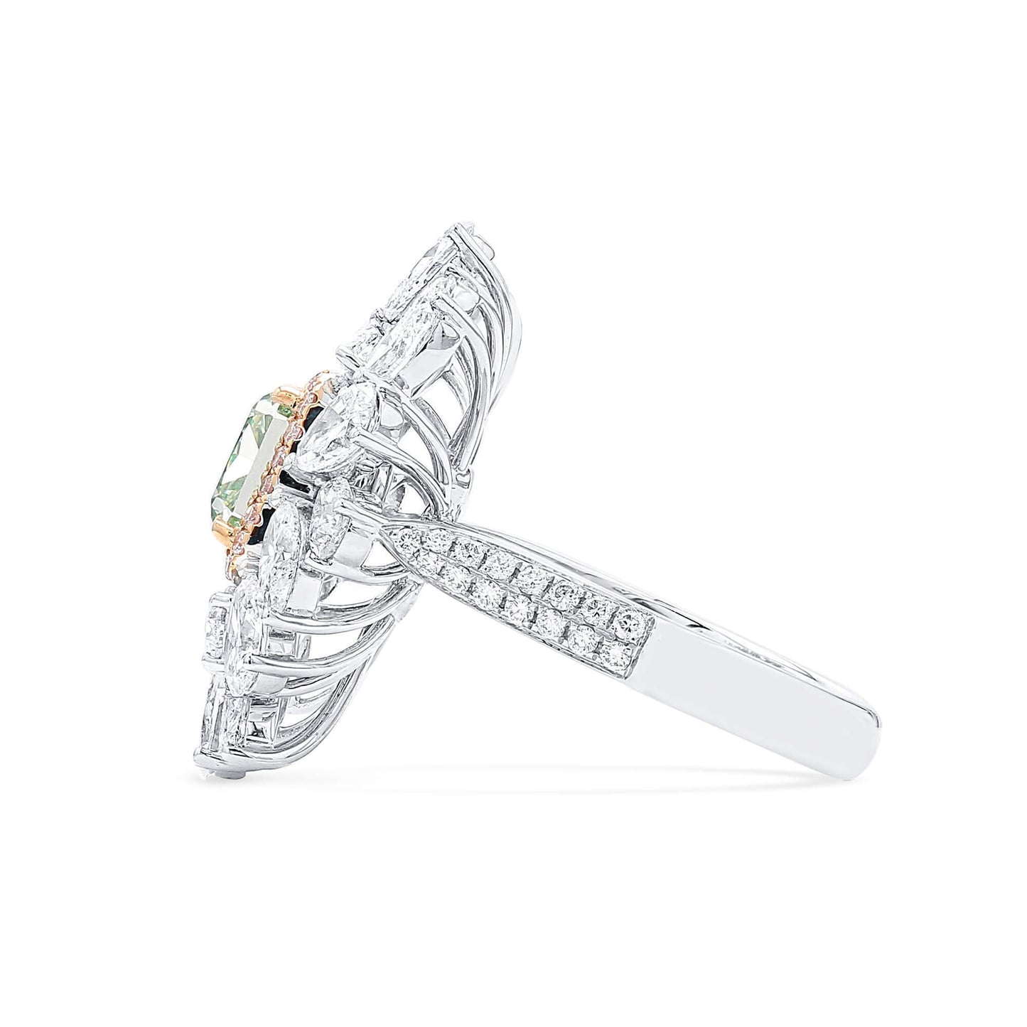 18K White Gold Statement Ring With 1.51 TCW Green Radiant Shape Natural Diamond, GIA Certified
