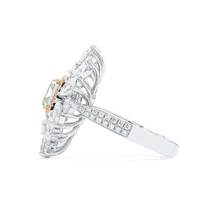 18K White Gold Statement Ring With 1.51 TCW Green Radiant Shape Natural Diamond, GIA Certified