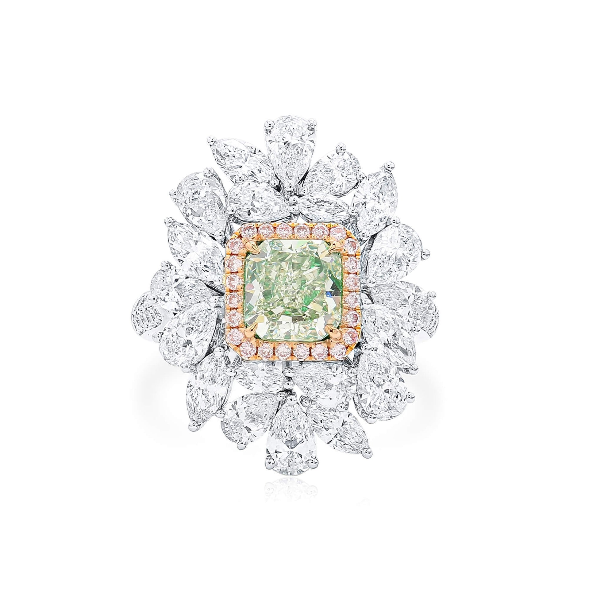 18K White Gold Statement Ring With 1.51 TCW Green Radiant Shape Natural Diamond, GIA Certified