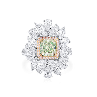 18K White Gold Statement Ring With 1.51 TCW Green Radiant Shape Natural Diamond, GIA Certified