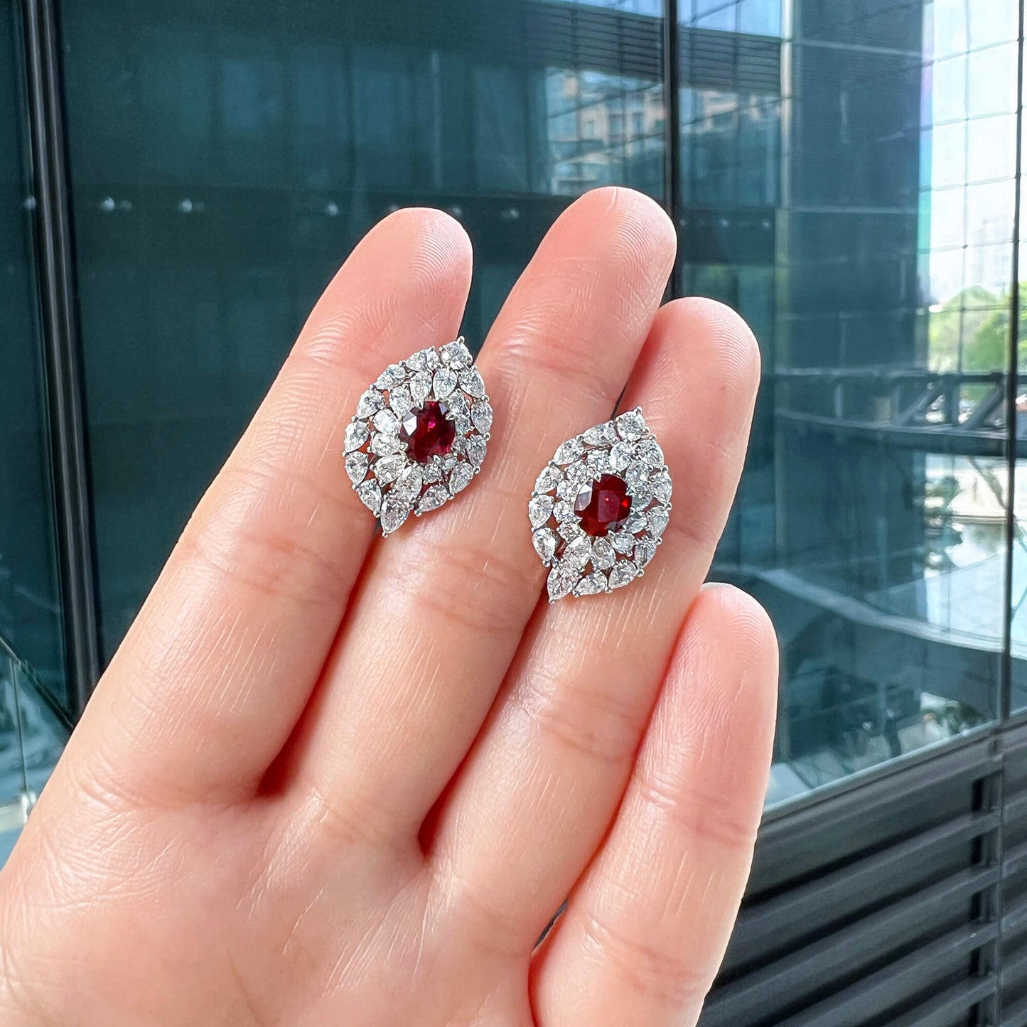 18K White Gold Statement Earrings With 1.45 TCW Oval Shape Natural Ruby, GRS Certified