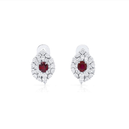 18K White Gold Statement Earrings With 1.45 TCW Oval Shape Natural Ruby, GRS Certified