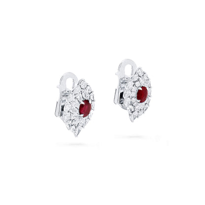 18K White Gold Statement Earrings With 1.45 TCW Oval Shape Natural Ruby, GRS Certified