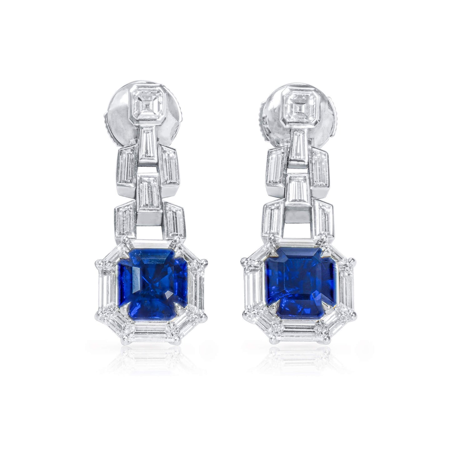 18K White Gold Statement Earrings With 3.23 TCW Octagonal Shape Natural Sapphire, GRS Certified