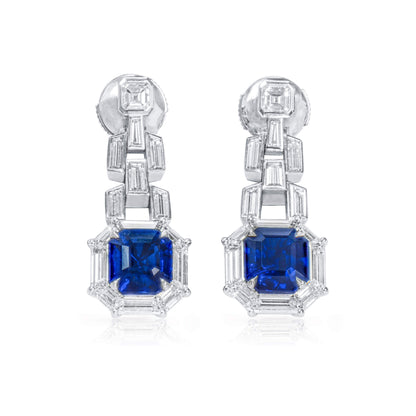 18K White Gold Statement Earrings With 3.23 TCW Octagonal Shape Natural Sapphire, GRS Certified